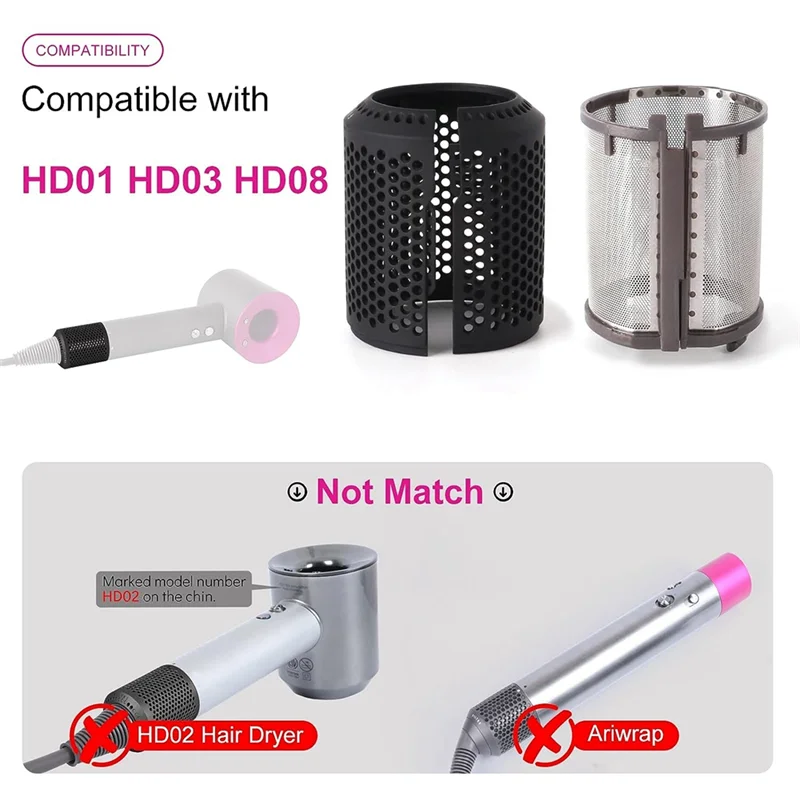 Y02AHair Dryer Inner Filter + Outer Filter Cage for Dyson Hair Dryer HD01 HD03 HD08 Models, with Filter Cleaning Brush A