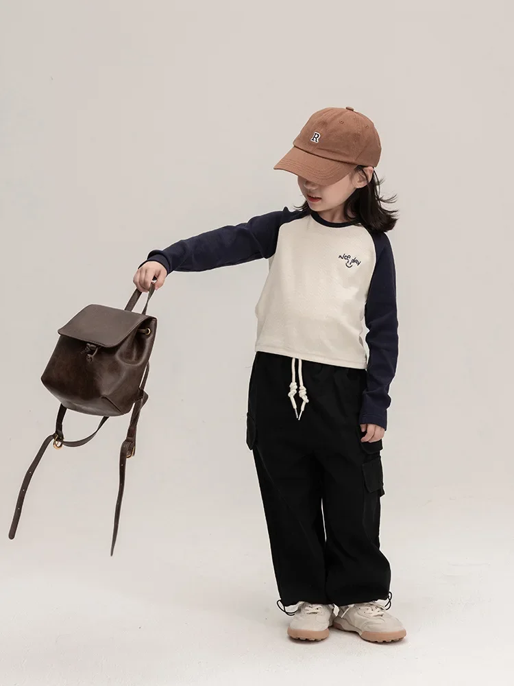 Girls Pants 2024 Autumn New Childrens Clothes Girls Baby Foreign Style Big Pockets High Waist Cargo Pants Casual Simple Daily image 6