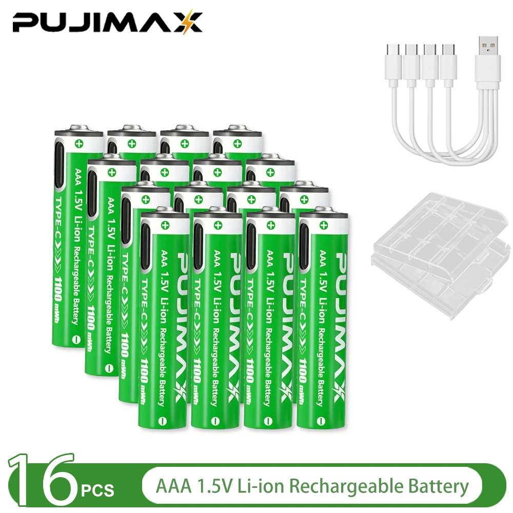 PUJIMAX 1,5 V AA en AAA oplaadbare lithiumbatterij 3400 mWh/1100 mWh, Type-C-poort Opladen worden hergebruikt 1500 keer voor wekkers