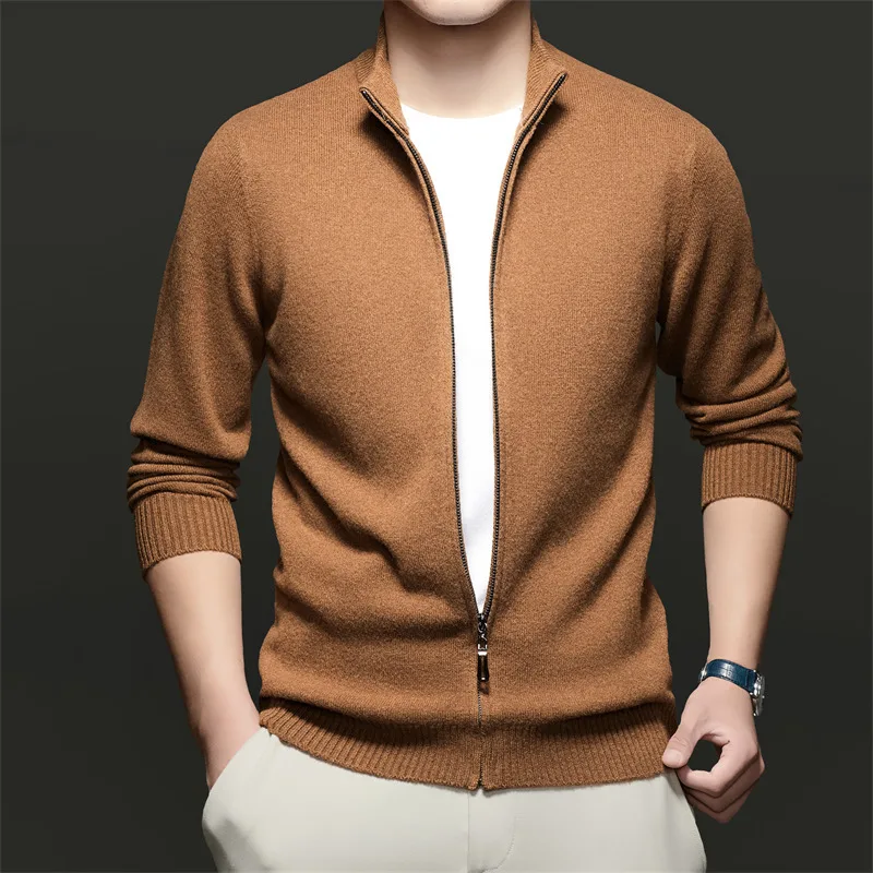 ٪ ميرينو الصوف الرجال سترة طويلة الأكمام سترة صوف الخريف الشتاء جديد الوقوف طوق بلون سترة ملابس خارجية سميكة