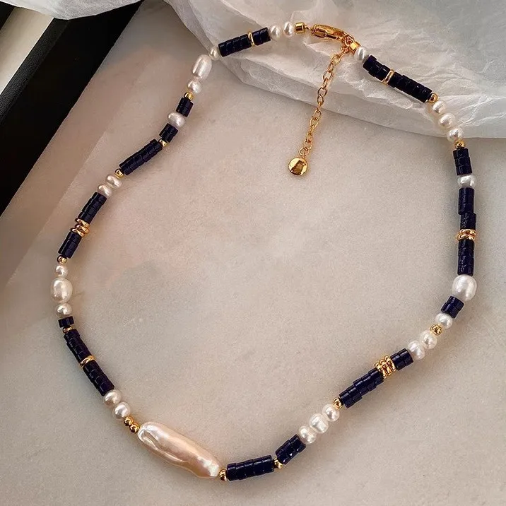 

New Arrival Bohemia Style Natural Freshwater Pearl & lapis lazuli Stone 14K Gold Filled Ladies Beads Chain Necklace Jewelry Gift