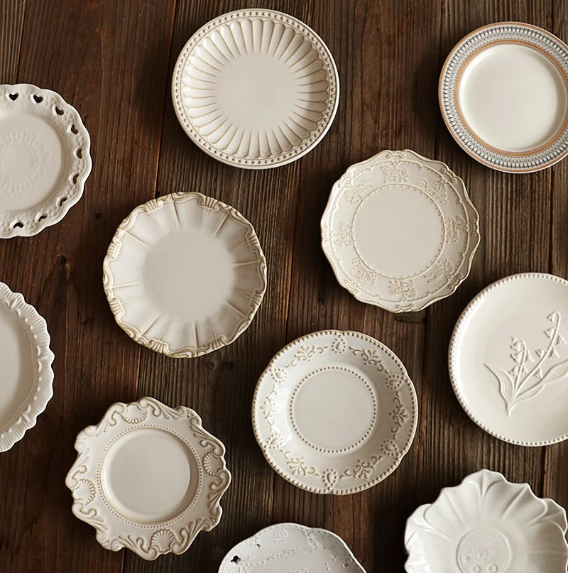 6 Inch Small Ceramic Plates Snack Dish Dessert Dim Sum Plate Appetizer Plate Embossed Single Serving Flat Plate Bone Spit Plates