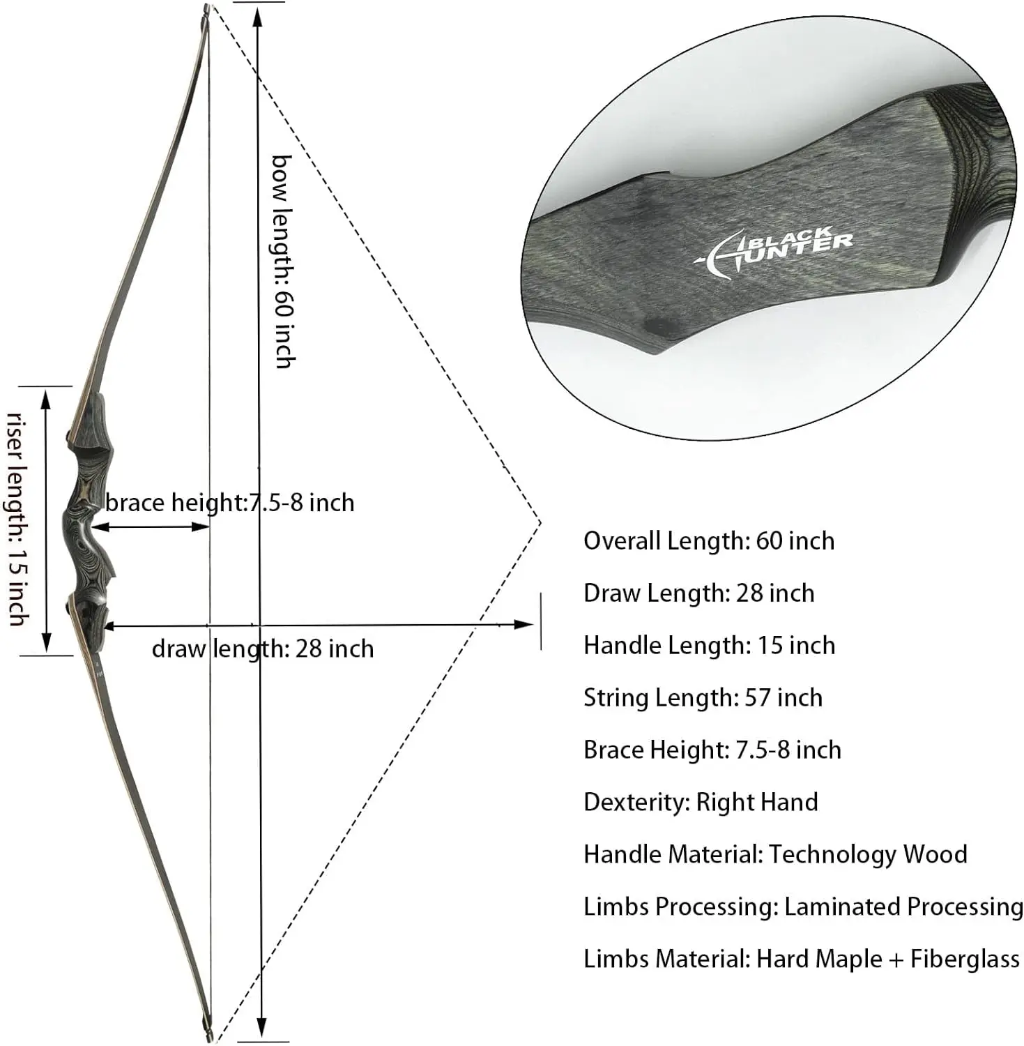 Black Hunter Archery Takedown Recurve Bow American Longbow Adult Right Hand Hunting Wood Bow 60