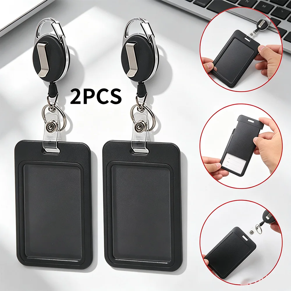 2 Pack PU Leather Retractable Clip Card Case Anti Lost Badge Holder for School ID Campus Bus Meal Door Access Card Protective Co