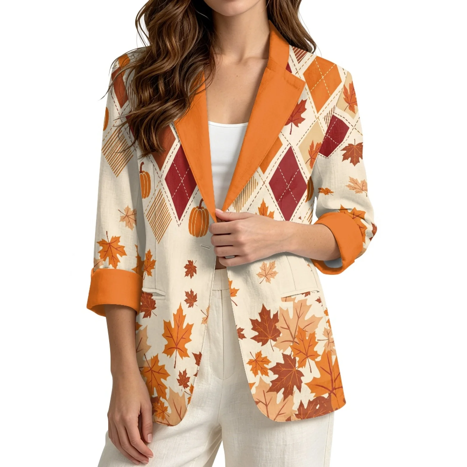 PENSTROLL Fall Maple Pumpkin Lightweight Business Jacket for Women Linen Style Cardigan Jackets Outerwear