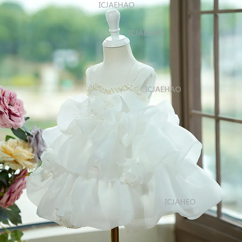 Kids Formal Princess Dress Costume Children Birthday White Flower Girl Evening Gown Host Runway Piano Performance Pageant Outfit