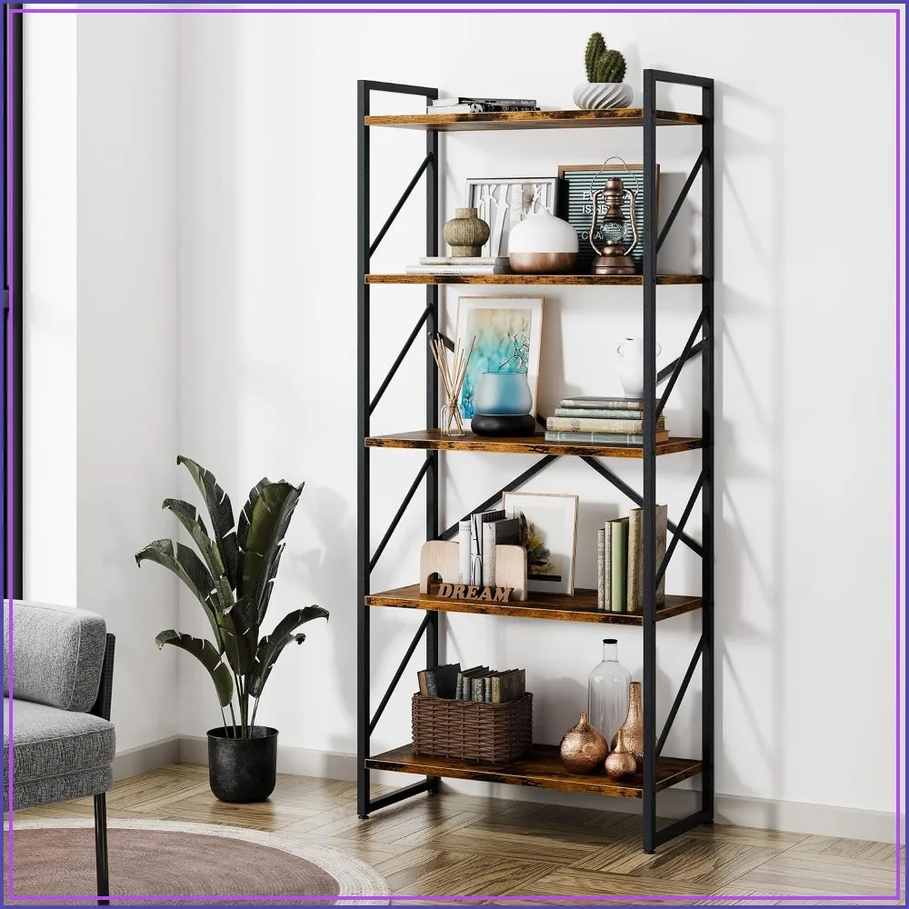 

5-Tier Tall Bookshelf, Industrial Bookcase for Living Room, Home Office, Rustic Brown Storage Rack