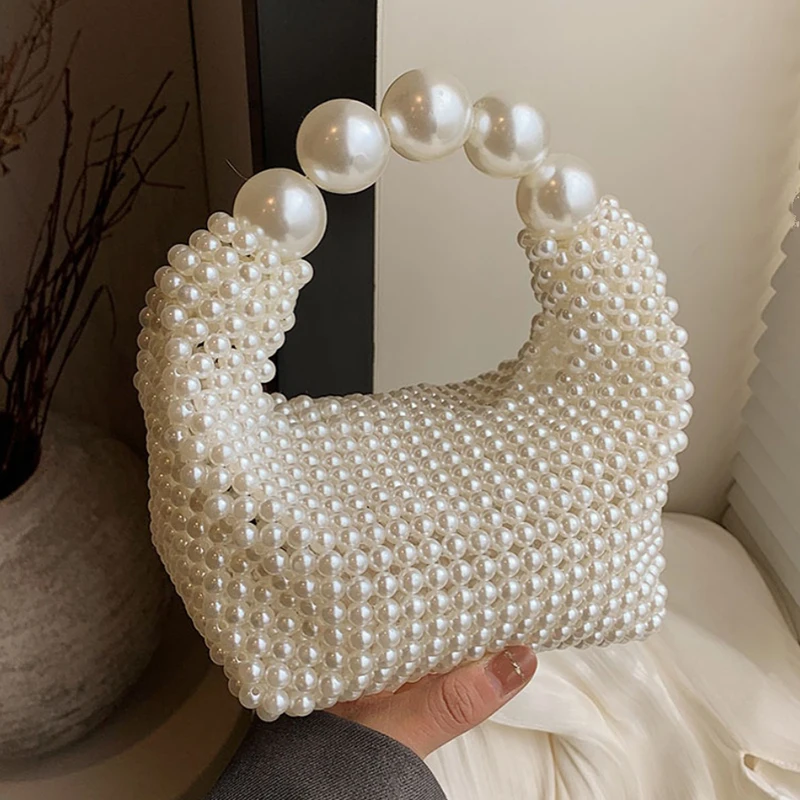 High-end Handheld Bag for Women Light-luxury Stylish Pearl Woven Handbags Female Unique Designed Chic-style Crossbody Bags