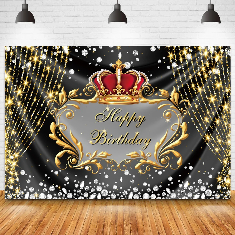 Black Gold Happy Birthday Background Crown Birthday Photozone Photo Curtain Birthday Party Backdrop Wall Deocr Supplies