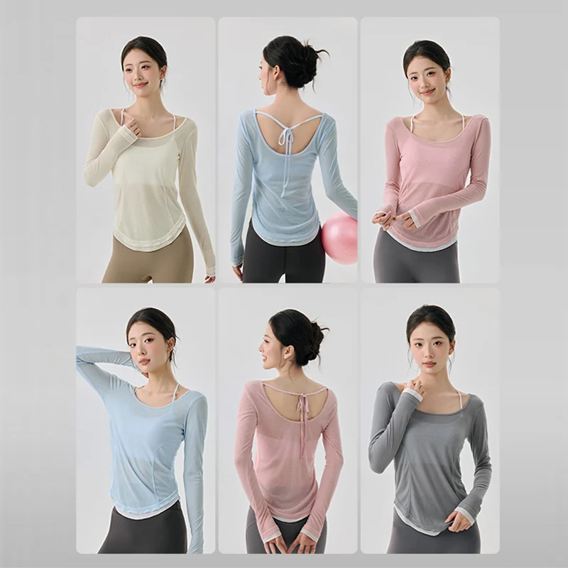 Leichte, leicht transparente Yoga-Tops für Damen, Herbst, locker geschnitten, Fitness-Gym, langärmeliges Sport-Top, großer U-Ausschnitt, Lauf-Workout-Anzug – Detail 2