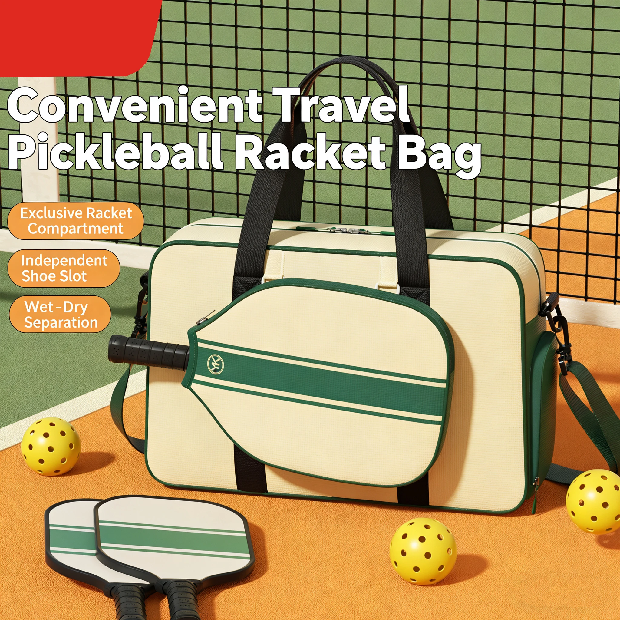 

Multi-Purpose Pickleball Racket Bag Large Capacity Water-Repellent Detachable Tote Wet-Dry Isolation Separate Shoe Storage