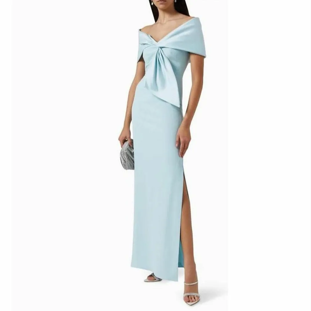 Robe de Soirée Longue en Crêpe Bleue Personnalisée pour Femme, avec Fente, Plis de Sirène, Longueur de Rinçage