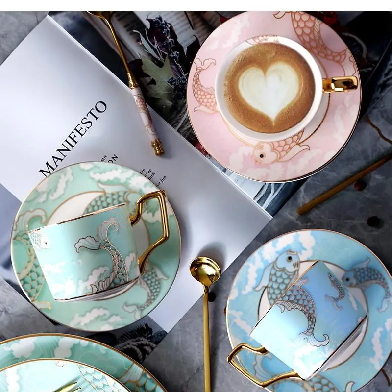

British Light Luxury Ceramic Coffee Cup Small and Saucer Set Household Afternoon Tea Flower Spoon