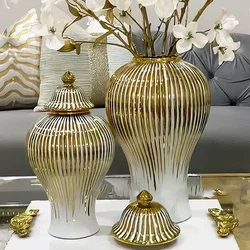 Premium Nordic Ceramic Plated Gold Striped Vase Universal Storage Jar Desktop Ornament General Jar Hotel Home Dried Flower Vase