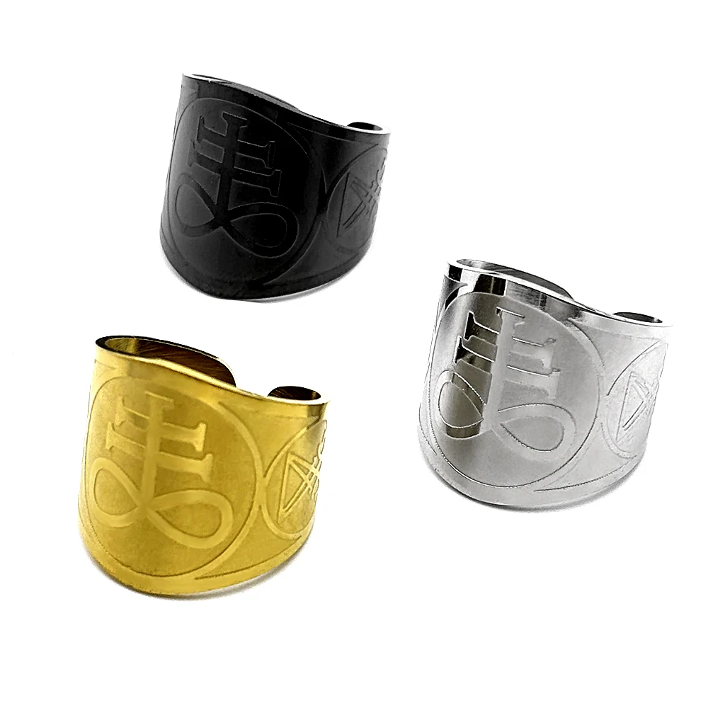 

Satan Cross Open Cuff Wide Rings for Men Women Stainless Steel Church of Satan Symbol Adjustable Finger Ring Jewelry Gift