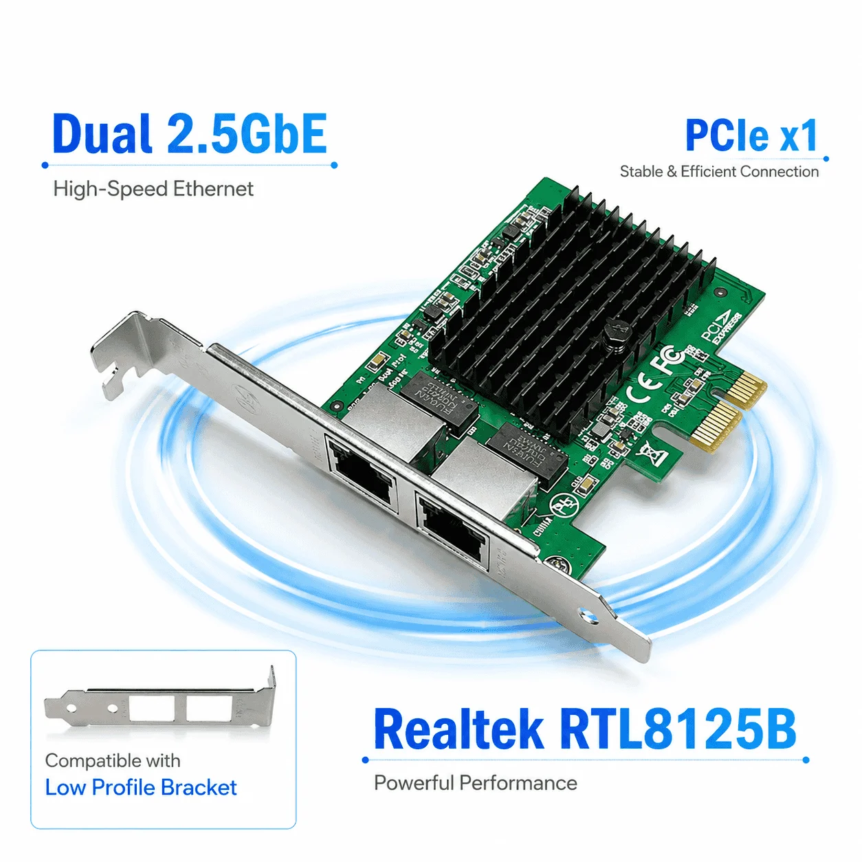 Dual 2.5G PCIe Network Card Realtek RTL8125B Dual RJ45 Ethernet Adapter PCI Express x1 for Windows Linux NAS Server