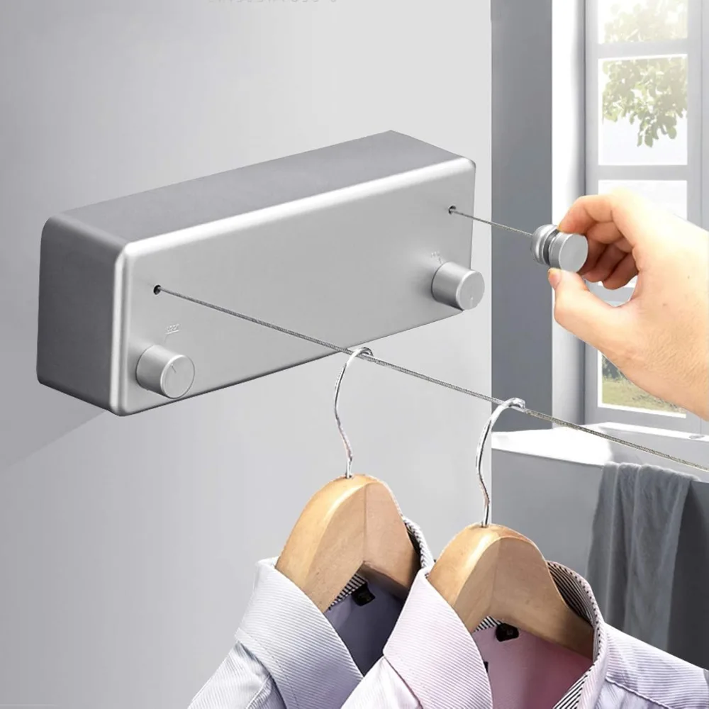 Retractable Clothesline Indoors Laundry Line with Adjustable Stainless Steel Double Rope,Wall Mounted Space-Saver Drying Line