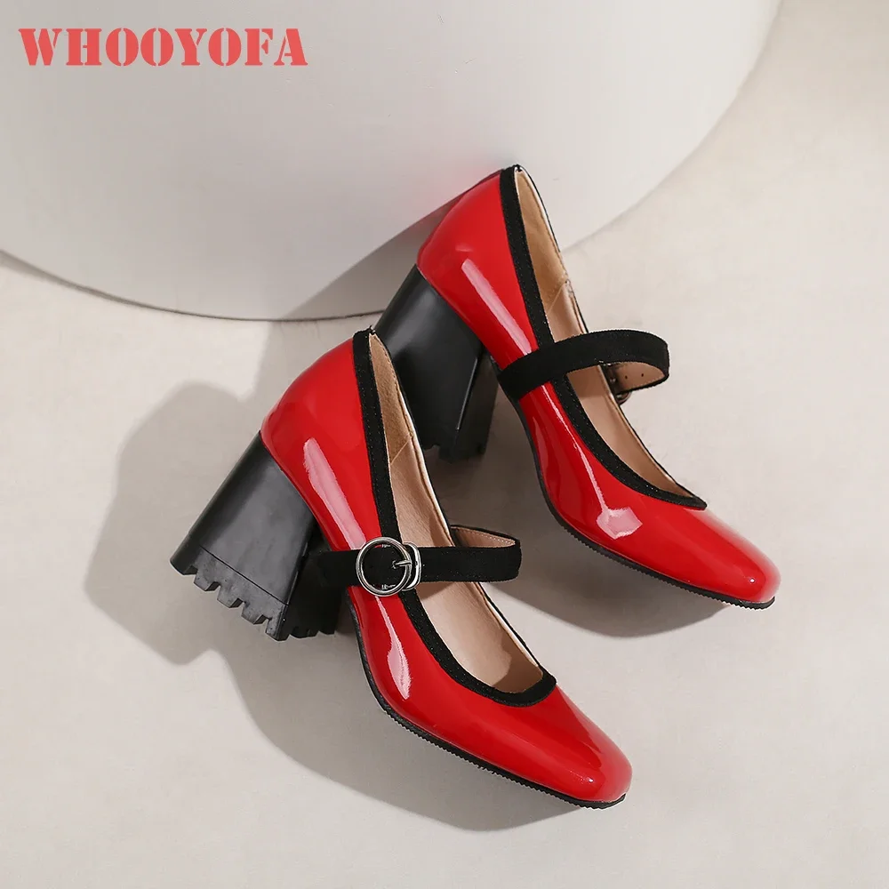 

Новые весенние женские туфли-лодочки красного и фиолетового цвета с квадратным носком, на каблуке 3 дюйма, повседневная обувь для женщин, большие и маленькие размеры 12, 30, 43, 46, 48