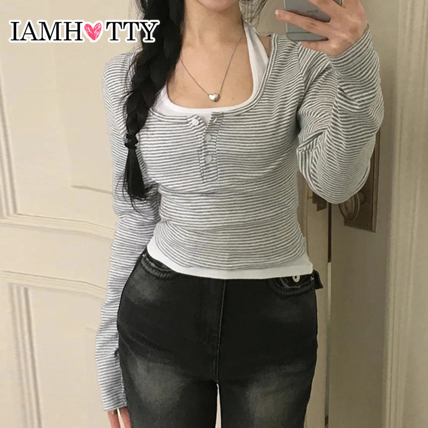 

IAMHOTTY Stiped Pullover and Cami Two Piece Set Women's Autumn Spring Slim-fit Long Sleeve T-shirts Korean Fashion Pullovers Set