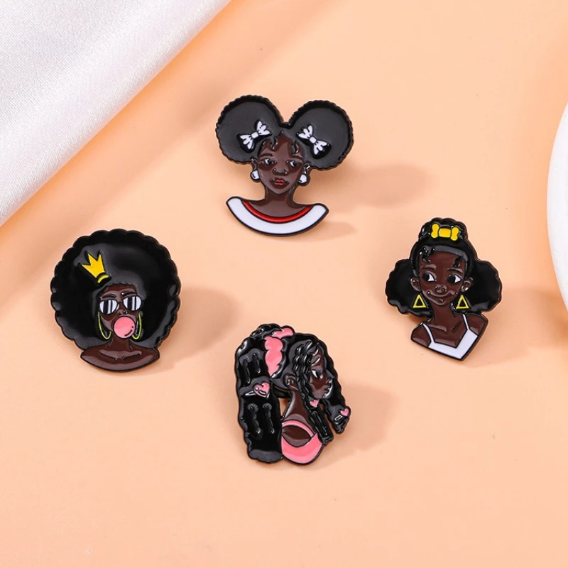 Unisex Creative Black Girl Cartoon Brooches Cute Hip Hop Enamel Alloy Pins Badges DIY for Clothes Bags Hat Scarf T-shirt Jeans