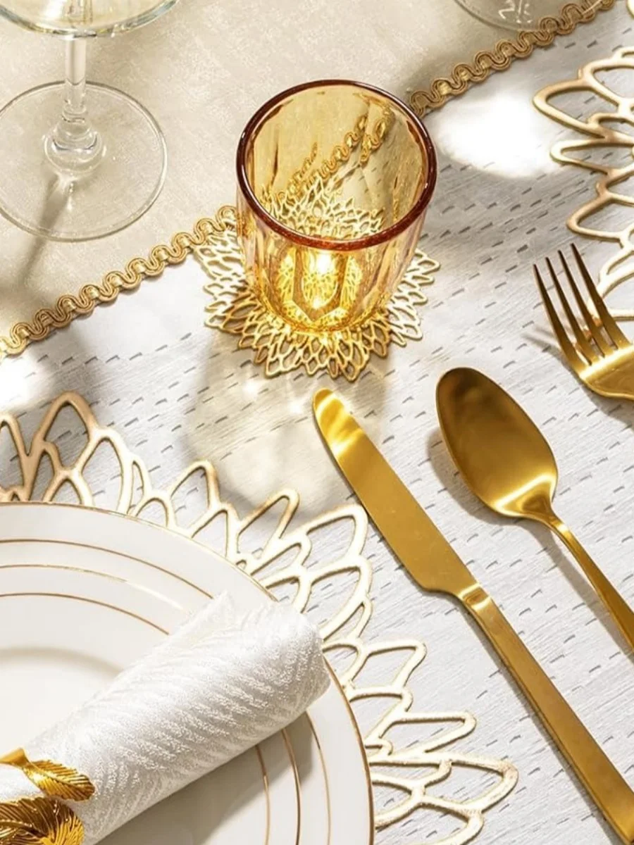 

Elegant Gold Leaf Lace Vinyl Round Table Coasters 10PCS, 4 Inch Hollow Decorative Cup Charger Mats, Reusable Heatproof Table Protector Placemats for Wedding Parties Banquet Home Decor