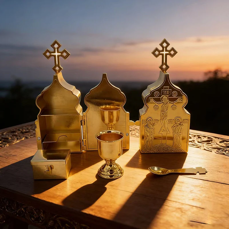 

Gold Plated Orthodox Holy Communion Tabernacle Set with Red Enamel Crucifix Icons for Church Liturgy Home Altar Devotion Gift
