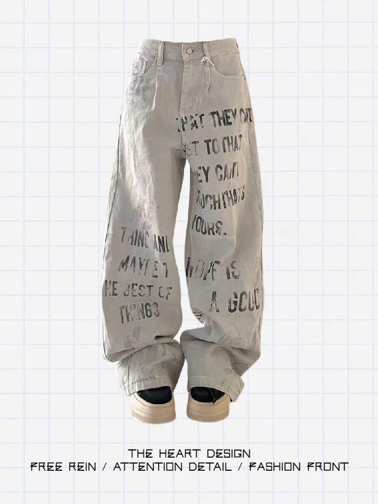 

Американские джинсы свободного кроя с надписями, с высокой талией, для женщин, винтажные, с эффектом потертости, прямые брюки в уличном стиле