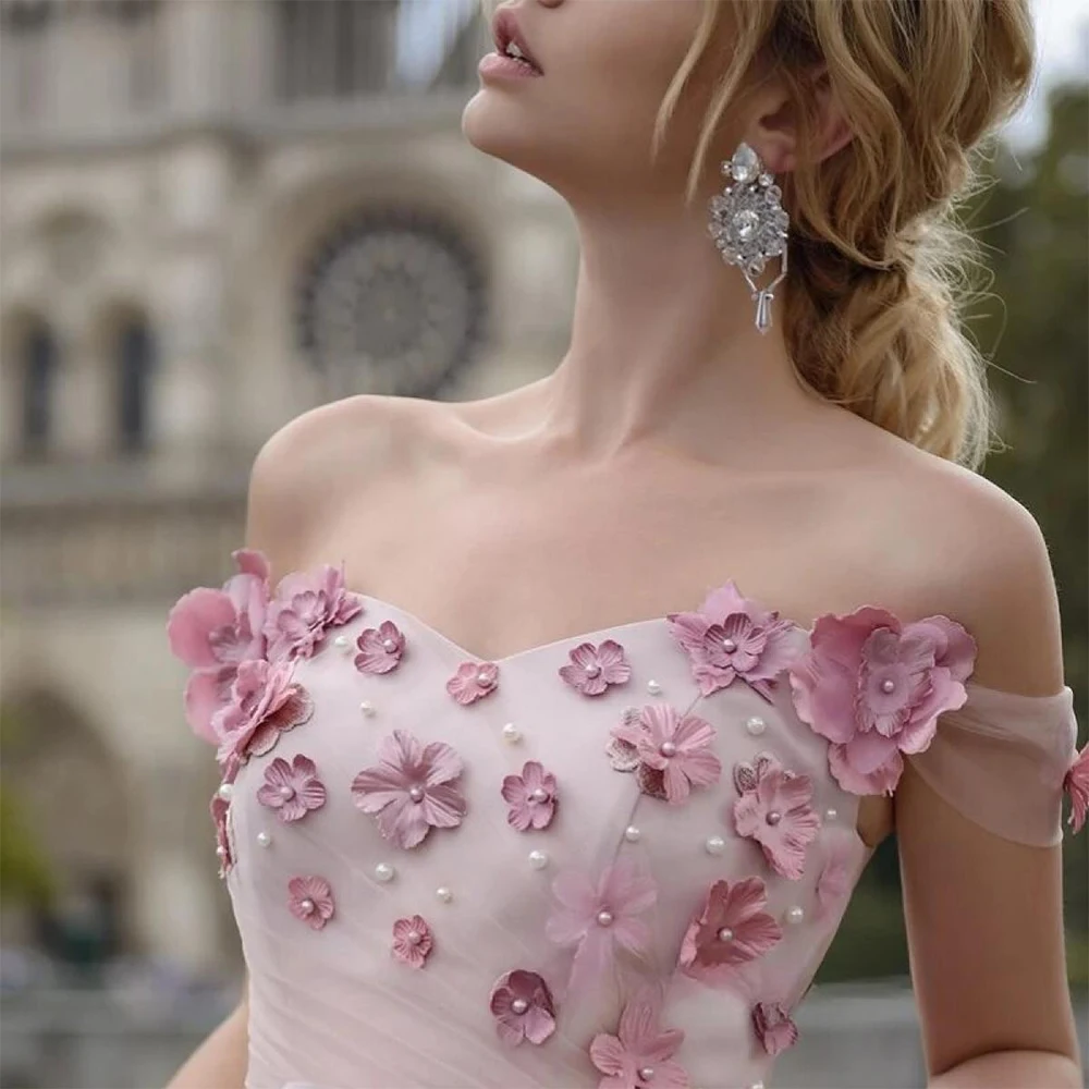 فستان سهرة أنيق وردي اللون من التول بطول الأرض قبالة الكتف فستان الحفلة الراقصة زهرة اللؤلؤ فيستدوس دي فييستا مخصص