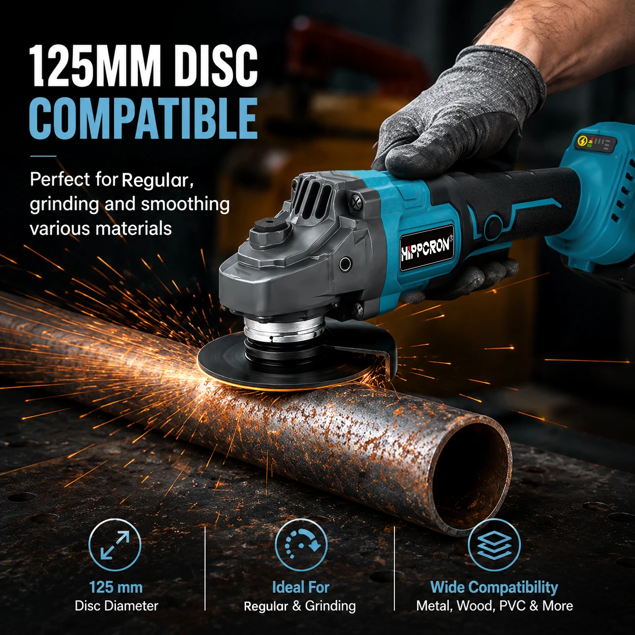 HPPCRON 21V Cordless Angle Grinder 125mm 3 Variable Speed Cutting Grinding Polishing Tool