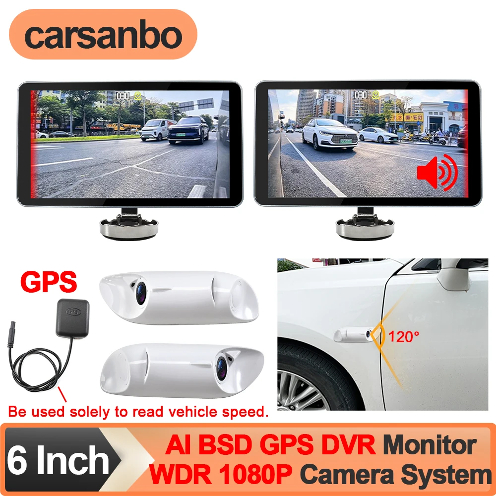 Carsanbo Car 6 Inch AI BSD Blind Spot Monitor with DVR Recorder GPS Sound Reminder, 1080P WDR L & R Side View Camera Single Lens