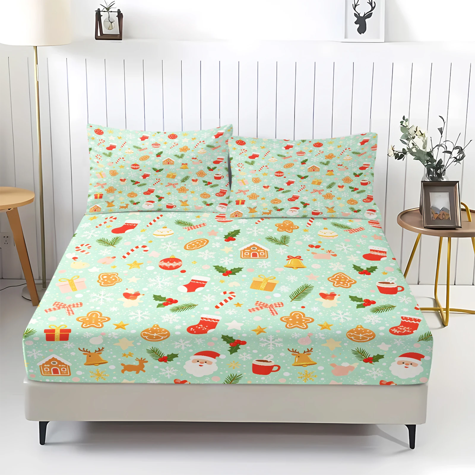 Mint Green Christmas Fitted Sheet Set Santa Gingerbread House Reindeer Snowflake Print Bed Sheet with Pillowcases Mattress Cover