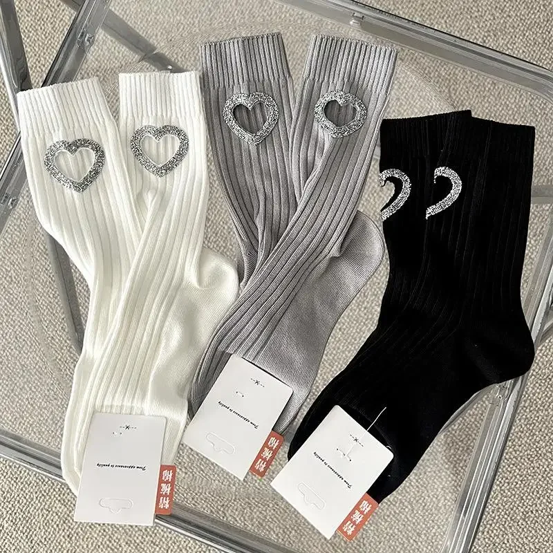 

European Luxury Decorative Socks With Hot Diamonds And Hollow Hearts Spring And Summer Thin Cotton Socks