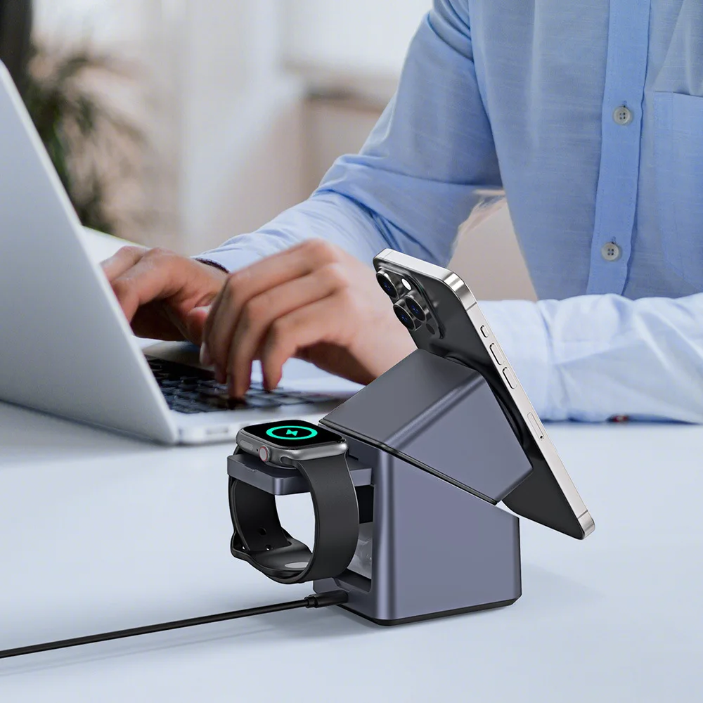 شاحن لاسلكي للهاتف مغناطيسي 4 في 1 - 180 °   قاعدة شحن متعددة الأجهزة بحامل دوار قابل للتعديل باللمس للهواتف الذكية وAcce