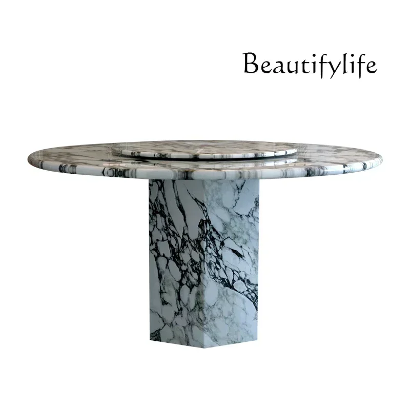 

Round marble dining table household small apartment with turntable French retro light luxury modern simple table