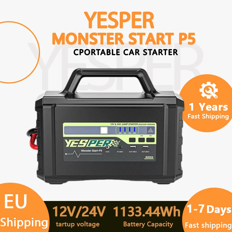Démarreur de voiture portable YESPER MONSTER START P5 12 V/24 V, capacité de 1133,44 Wh, alimentation de voiture d'urgence, démarreur de camion de pompier