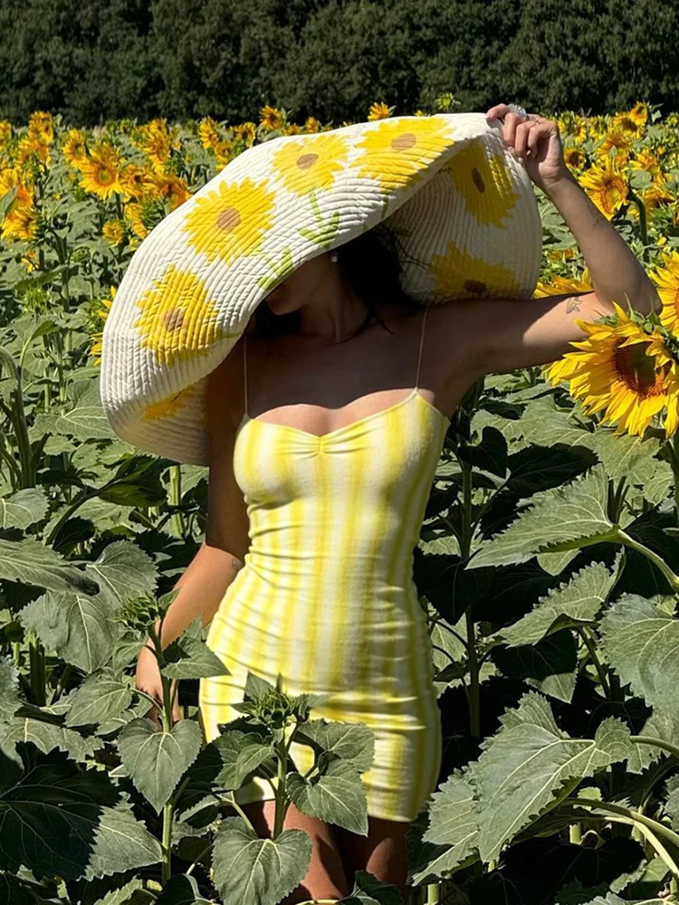 Weird Puss Striped Print Dress Women Spaghetti Strap 2025 Summer Trend Sleeveless Backless Pleated Beach Vacation Mini Bodycon