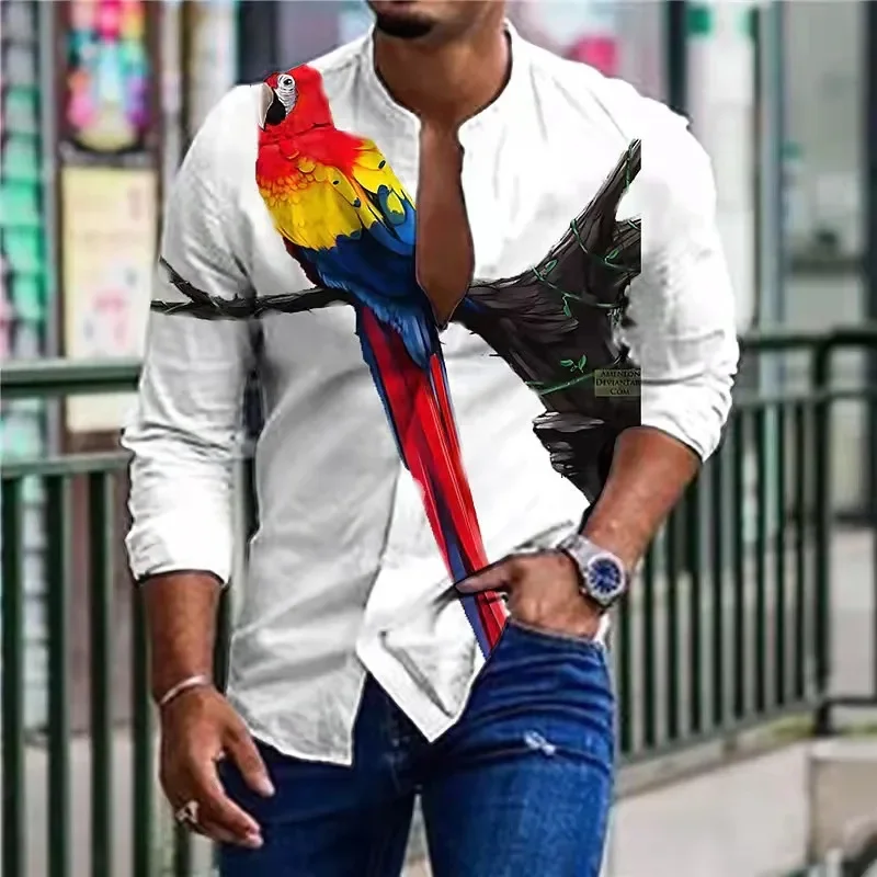 2022 Spring Men Shirts Baggy Parrot Butterfly Ink Print Long Sleeve Top Hip Hop Vintage Loose Oversized Shirts For Male Clothes