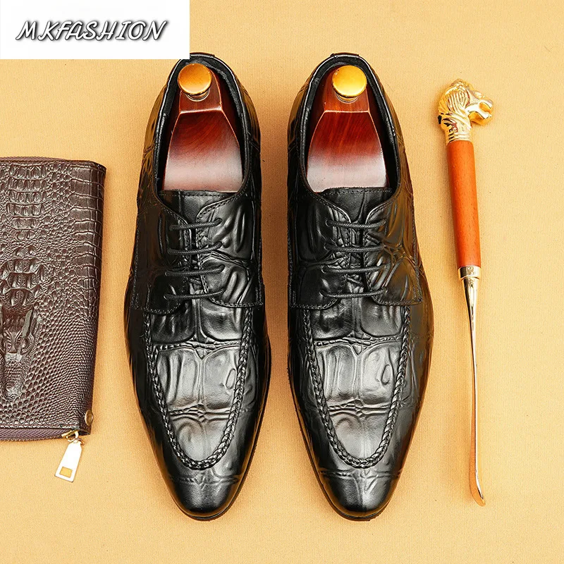 Men's Business Casual Shoes Genuine Leather Crocodile Pattern Pointed Toe Slip On Flats Footwear