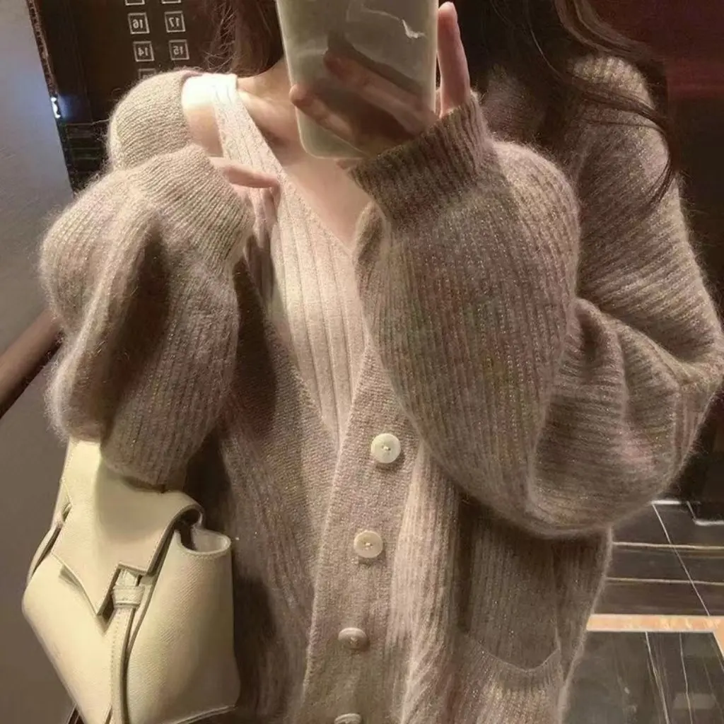 

Women's Japanese Korean Style Soft Glutinous Sweater V-Neck Drop Shoulder Cardigan Autumn Fashion Casual Lazy Style