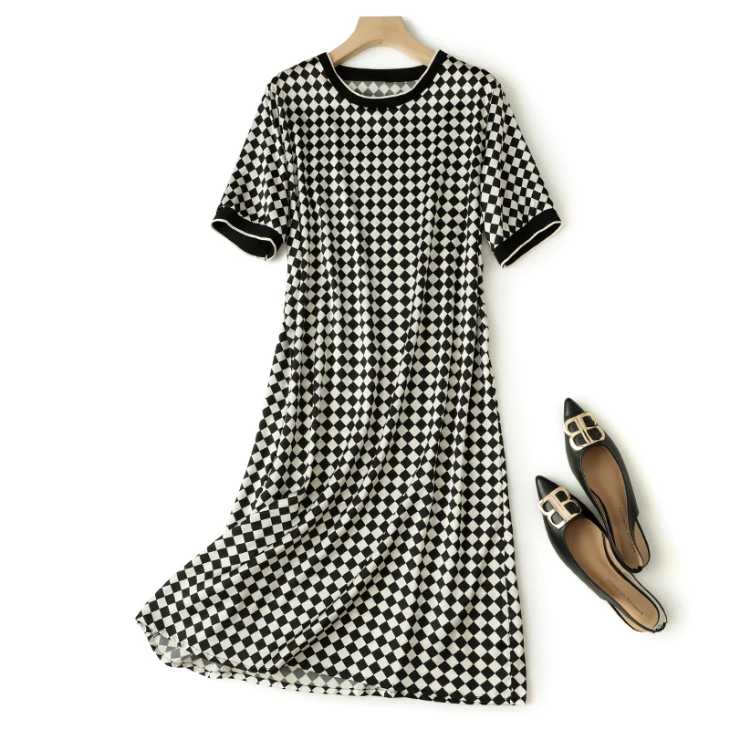 Women Silk Dress 93% Mulberry Silk 7% Spandex 20 Momme Short Sleeve Midi Dresses 2026 Summer White Checked Printed L XL FF002