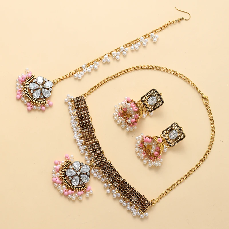 Crystal Flower Necklaces Forehead Accessories Retro Gold Color Rhinestone Earrings Set for Women Geometric Tassel Bridal Jewelry