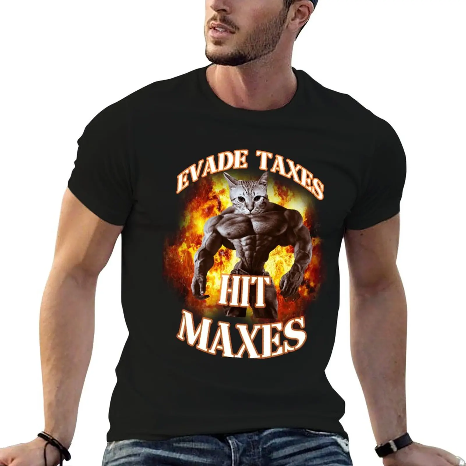 

evade taxes hit maxes cat gym meme T-Shirt t shirt man casual t shirts with prints T-Shirt