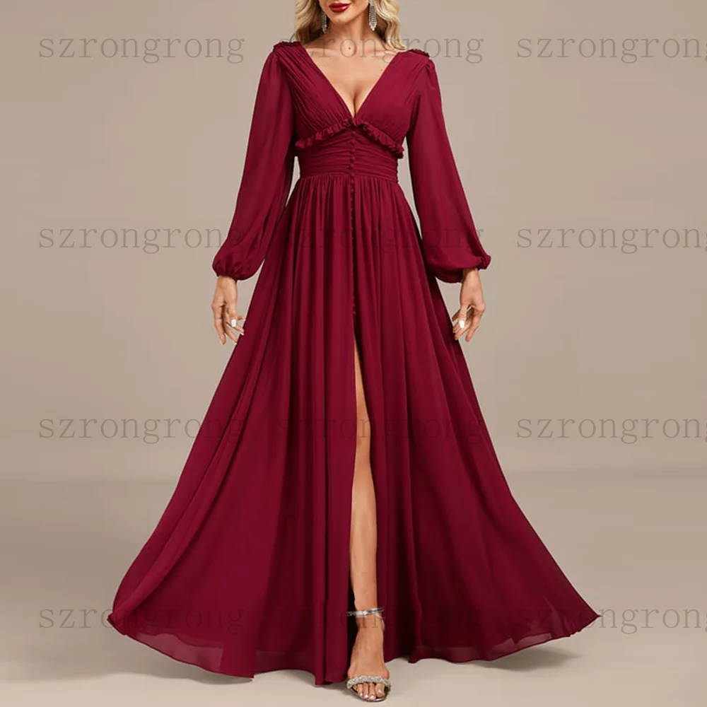 التخصيص الخامس الرقبة فساتين السهرة الطية الجانب الشق كم كامل ثنيات Ruched الشيفون فستان حفلات بسيط طويل فستان وصيفة الشرف