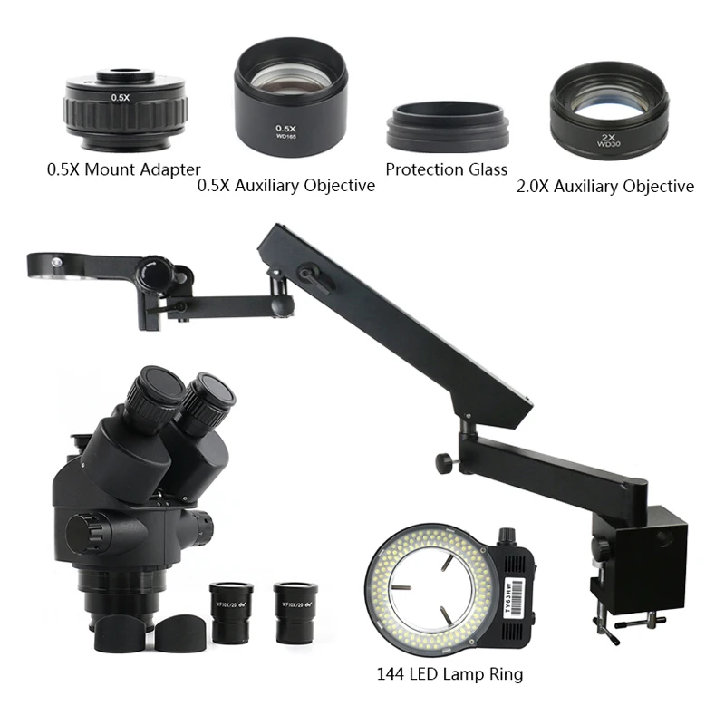 simul focal parfocal trinocular microscopio estereo 144 led luz articulada braco pilar bracadeira para reparo de laboratorio 35 7x45x 90x 01