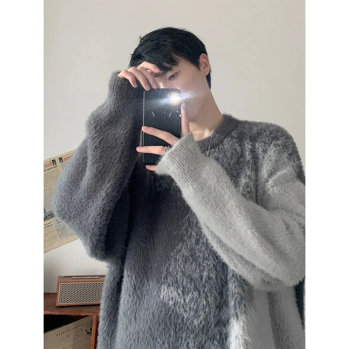 

Gradient Lazy High-End Sweater Men's Autumn/Winter Fake Fur Fashion Knitwear Men's Sweater Jacket Fuzzy Sweater