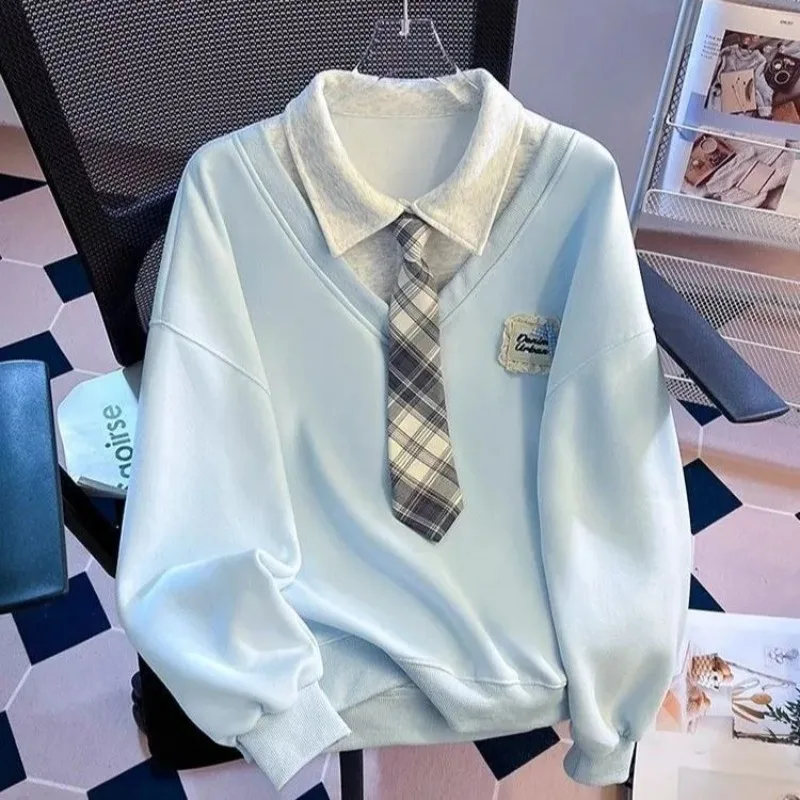 Preppy College Fake Two‑Piece Collared Sweatshirt Women V‑Neck with Plaid Tie Loose Sweet Girl Pullover Top Campus Harajuku Y2K