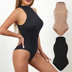 New women's round neck sleeveless can be worn with bottom breasted tights, waist compression jumpsuit tee shape