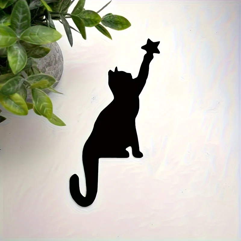 Black Cat Reaching for Star Wooden Door Frame Topper, Minimalist Cat Silhouette Wall Decor, Cute Animal Wooden Sign for Door Cor