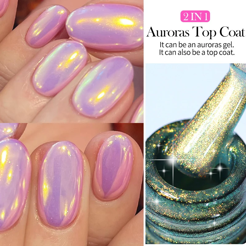 LILYCUTE Auroras Sparking Effect Top Coat Gel Nail Polish Chrome Gold Glitter Soak Off 2 In 1 Function Gel DIY Nail Art Manicure