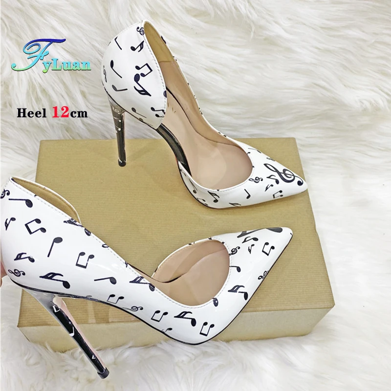 Spring And Summer White Print High Heels Women Thin Heel Shallow Mouth Single Shoes 8-12CM Stiletto Nightclub Party Female Pumps